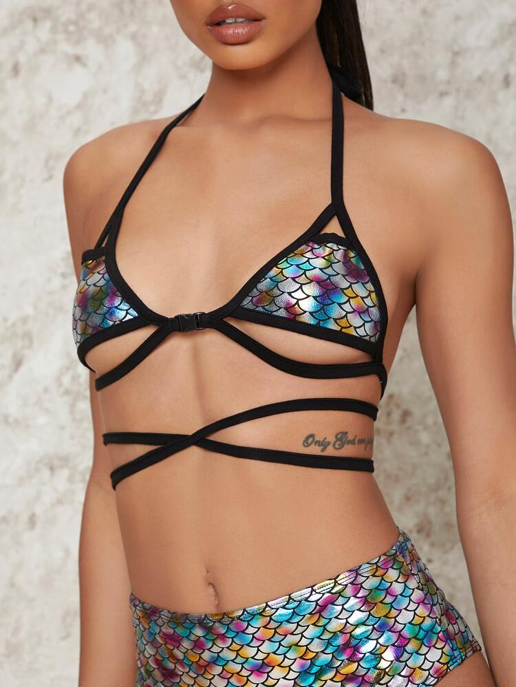 SHEIN SXY Tied Backless Fish Scales Top & Panty Set - Multicolor - View 5