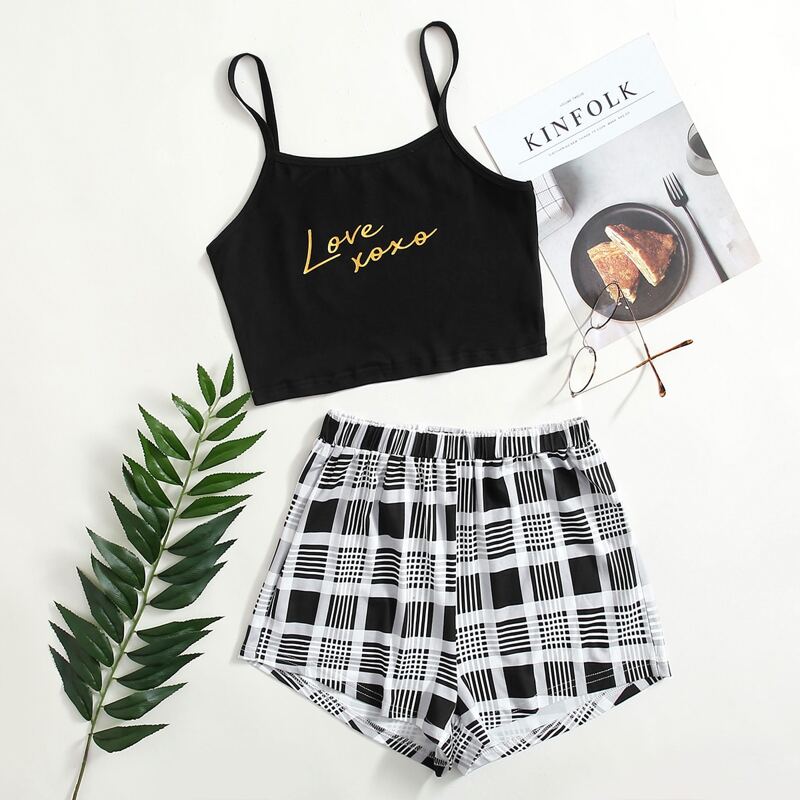 

Letter & Plaid Pajama Set, Black and white