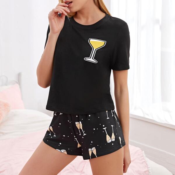 

Wine Glass Print Pajama Set, Black