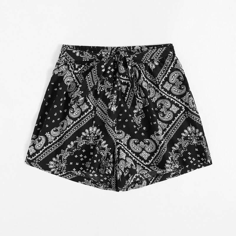 

Paisley Belted Shorts, Black