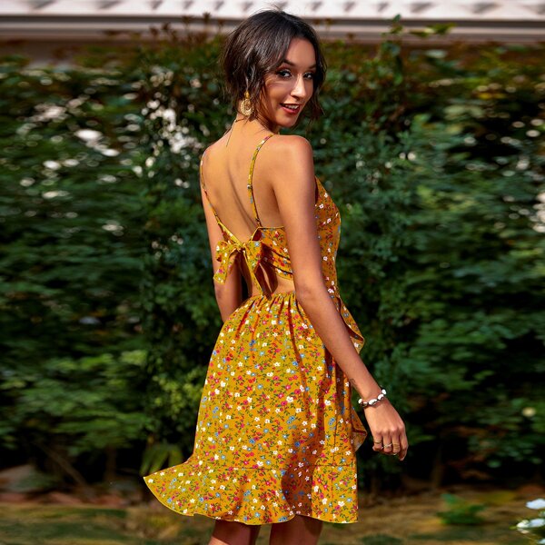 

Floral Print Tie Back Backless Cami Dress, Mustard yellow