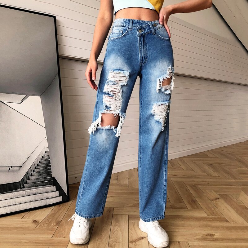 

High Waist Ripped Straight Leg Jeans, Medium wash
