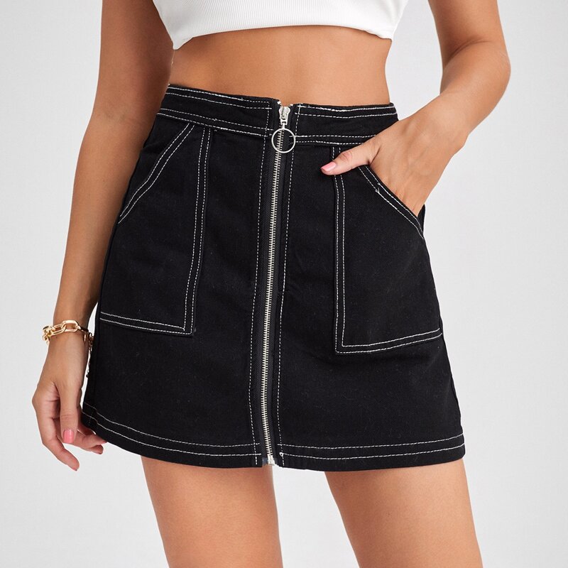 

Zip Up Denim Skirt, Black