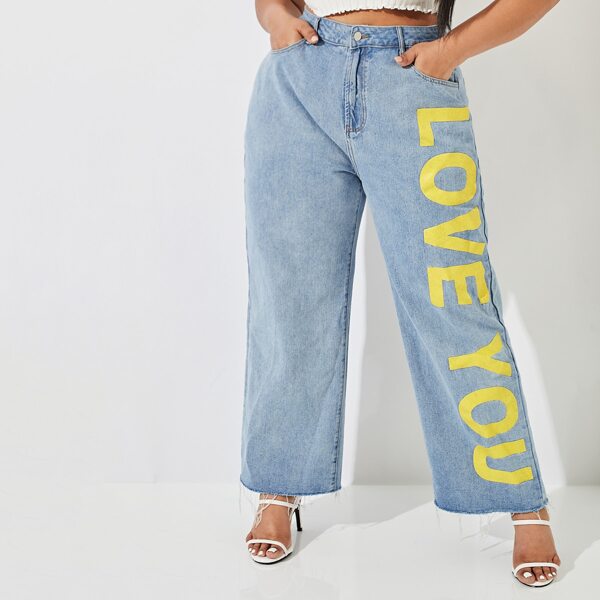 

Plus Slogan Graphic Straight Leg Jeans, Light wash