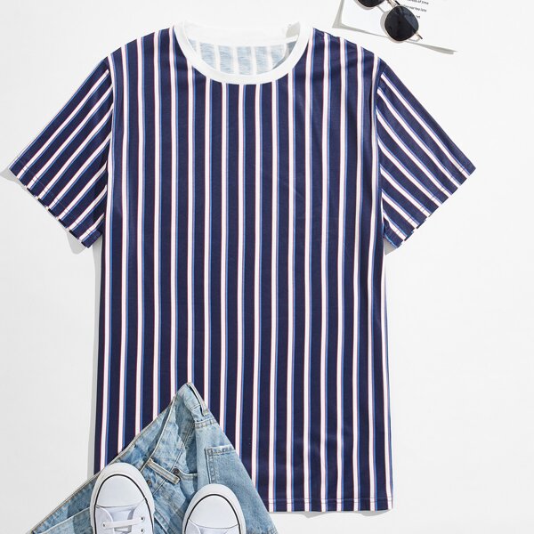 

Men Vertical Striped Crew Neck Tee, Navy blue