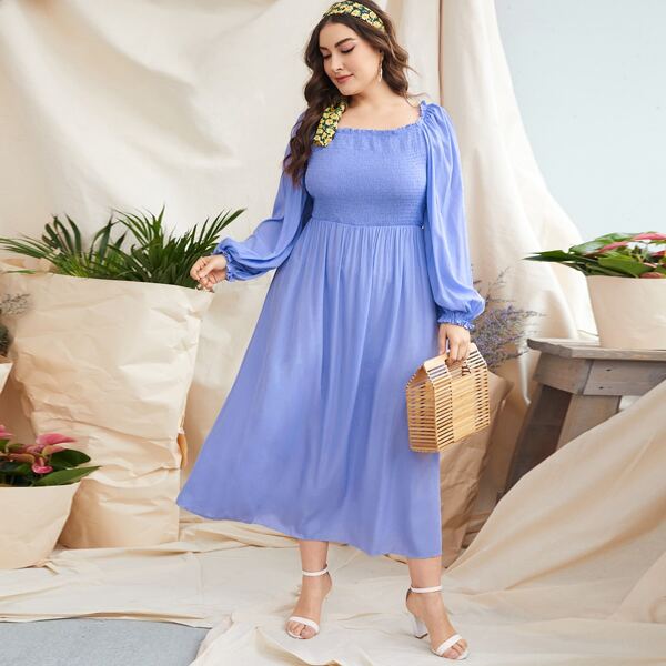 

Plus Shirred Frill A-line Milkmaid Dress, Blue