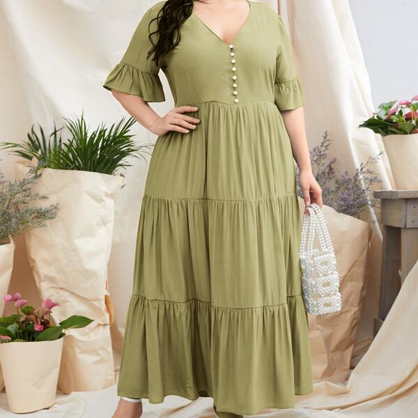 

Plus Button Front Flounce Sleeve Ruffle Hem Smock Dress, Lime green