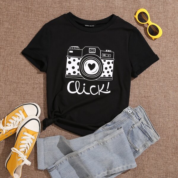 

Camera & Letter Graphic Tee, Black