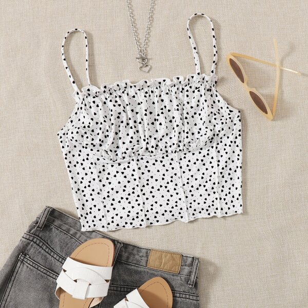 

Allover Heart Print Ruched Bust Lettuce Trim Cami Top, White