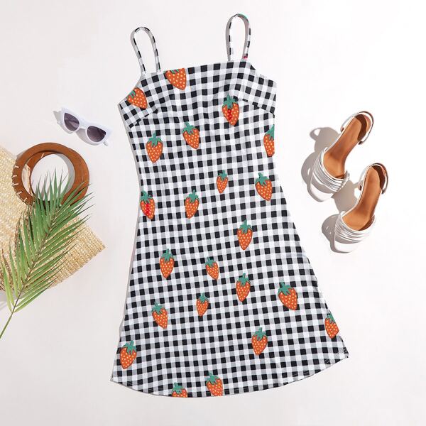

Plus Gingham And Strawberry Print Cami Dress, Black and white