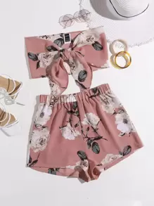 SHEIN Conjunto top tubo floral con nudo con shorts - Rosa vieja - Ver 1