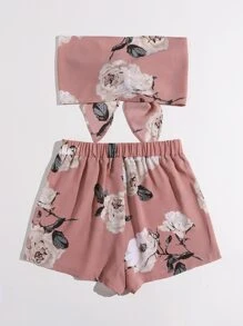 SHEIN Conjunto top tubo floral con nudo con shorts - Rosa vieja - Ver 2