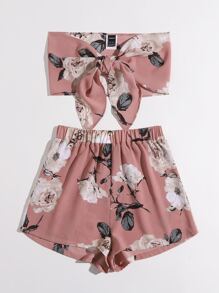 SHEIN Conjunto top tubo floral con nudo con shorts - Rosa vieja - Ver 3