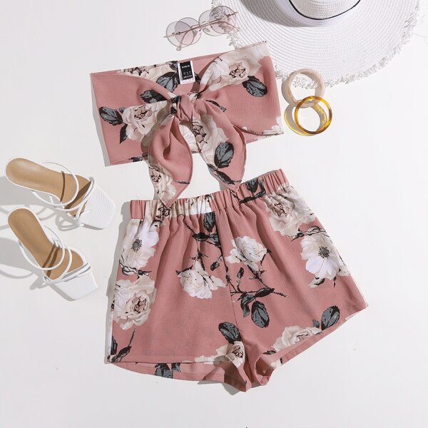 

Plus Knotted Floral Tube Top & Shorts Set, Dusty pink