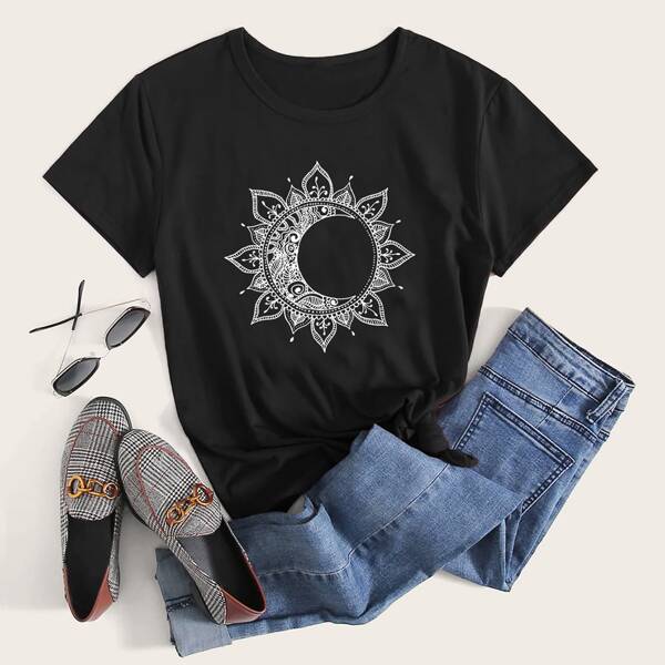 

Abstract Print Crew Neck Tee, Black