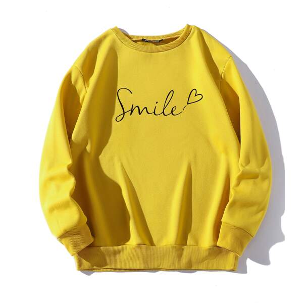 

Letter And Heart Print Thermal Sweatshirt, Yellow