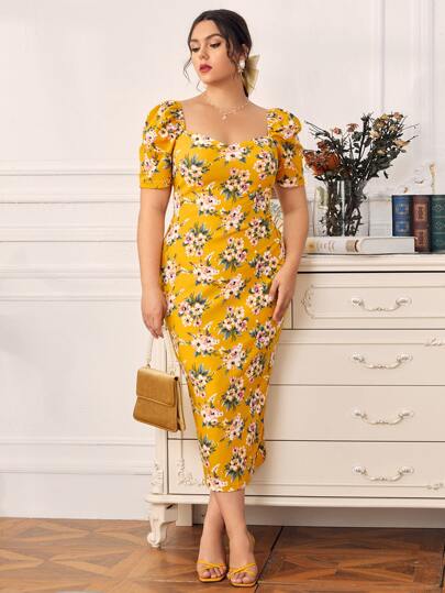 فستان بطباعة زهر وباكمام منفوخ مقاس كبير