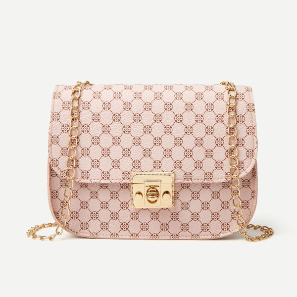 

Geometric Graphic Twist Lock Chain Bag, Pink