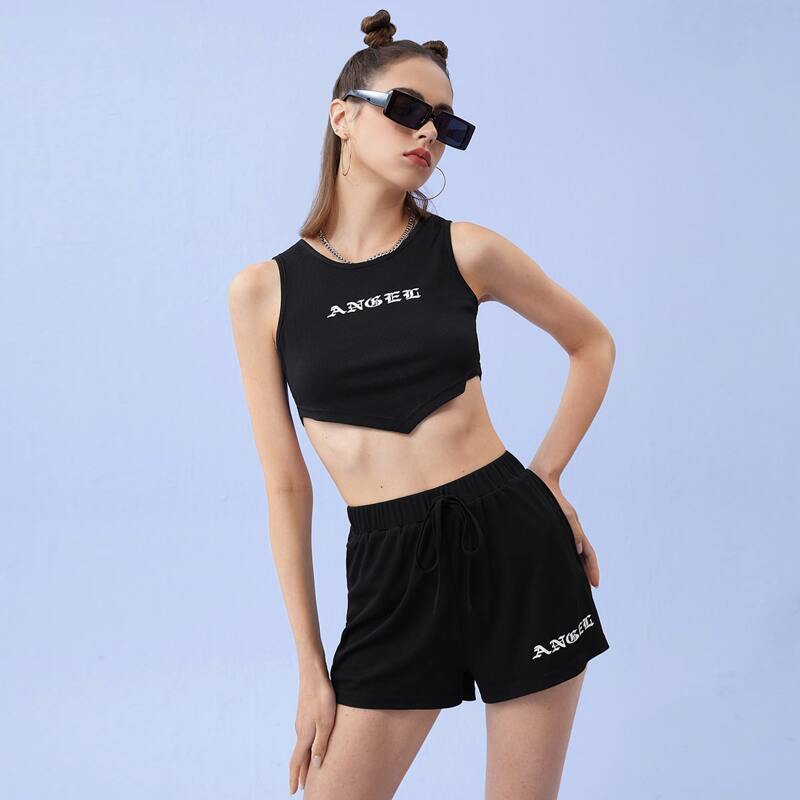 

Letter Ribbed Tank Top & Shorts, Black