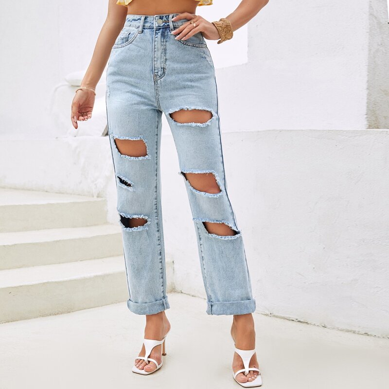 

High Waisted Ripped Cuffed Hem Jeans, Light wash