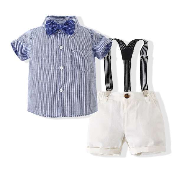 

Toddler Boys Striped Bow Detail Shirt With Pinafore Shorts, Blue and white