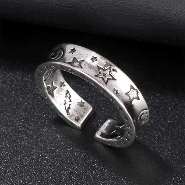 

Men Star Detail Cuff Ring, Antique silver
