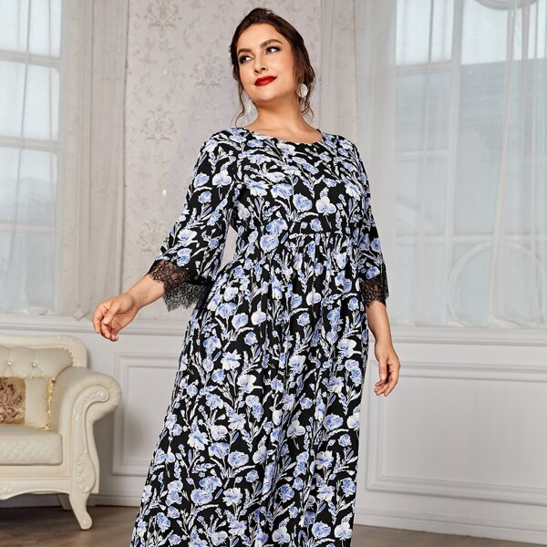 

Plus Lace Trim Floral Print Dress, Multicolor