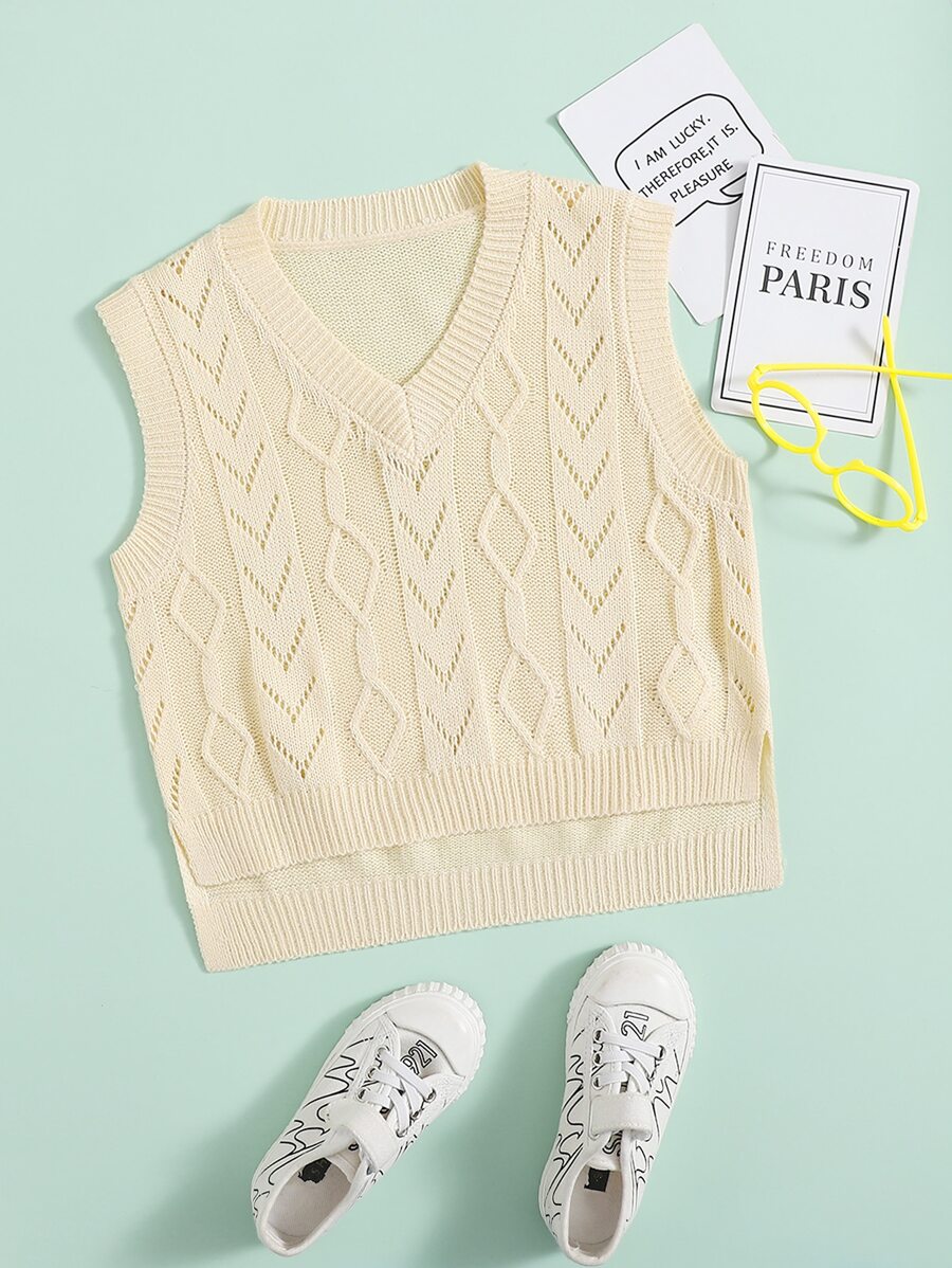 SHEIN Girls High Low Hem Sweater Vest - Beige - View 1