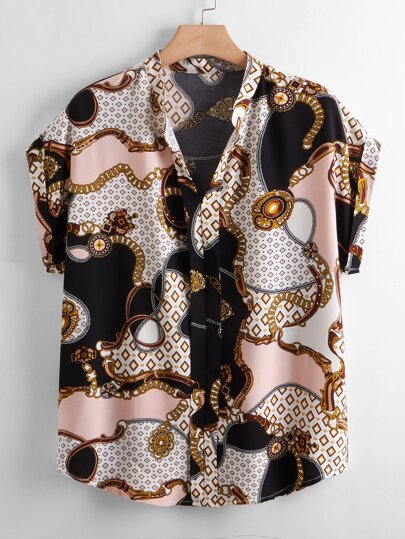 بلوزة باكمام واسعة وبطباعة سلسلة مقاس كبير