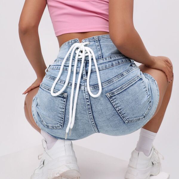 

Lace Up Detail Button Fly Denim Shorts, Light wash