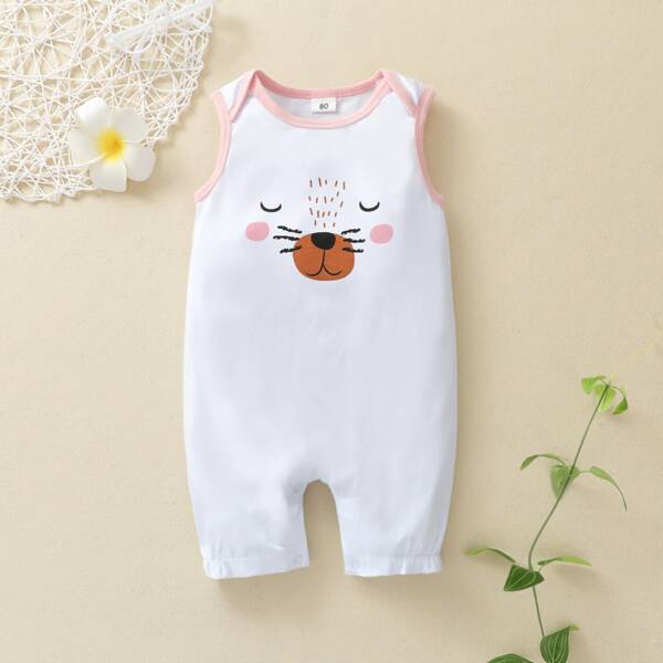 

Baby Unisex Cartoon Graphic Contrast Binding Romper, White