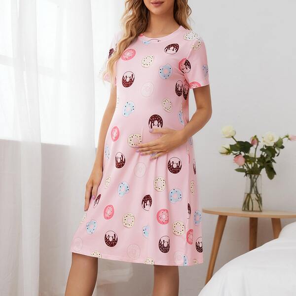 

Maternity Allover Donut Print Night Dress, Pink