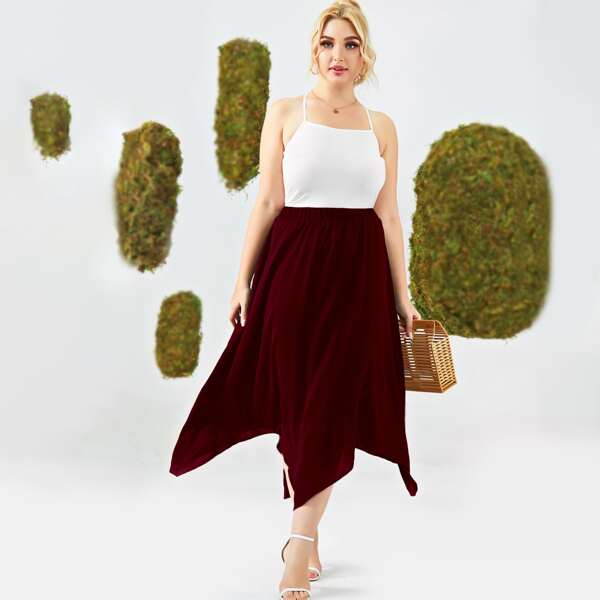 

Plus Solid Hanky Hem Skirt, Maroon