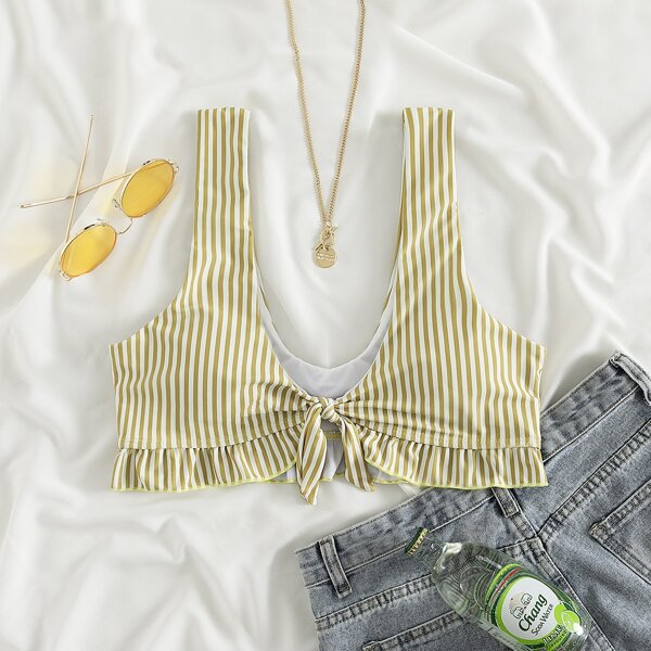 

Striped Knot Ruffle Bikini Top, Yellow