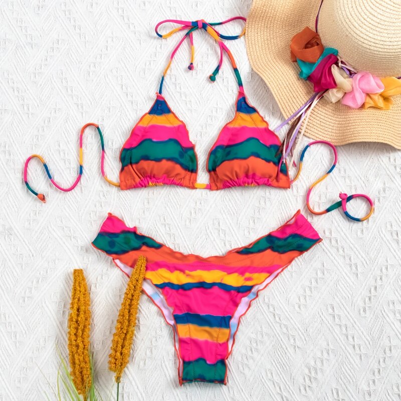 

Color Block Lettuce Trim Bikini Swimsuit, Multicolor