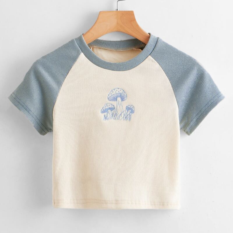 

Mushroom Embroidery Colorblock Tee, Multicolor