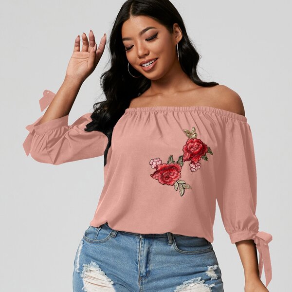 

Plus Off Shoulder Knot Cuff Floral Embroidery Blouse, Dusty pink