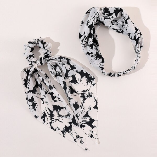 

Flower Print Hair Band & Scarf Hair Tie, Black and white