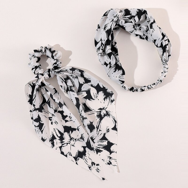 

Flower Print Hair Band & Scarf Hair Tie, Black and white