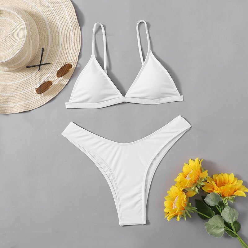 

Solid Triangle Bikini Swimsuit, White