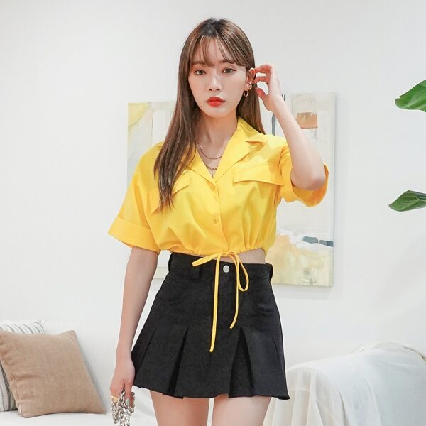 

Solid Flap Detail Drawstring Crop Blouse, Yellow