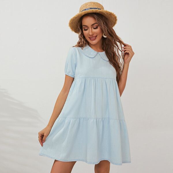 

Maternity Peter Pan Collar Smock Denim Dress, Light wash