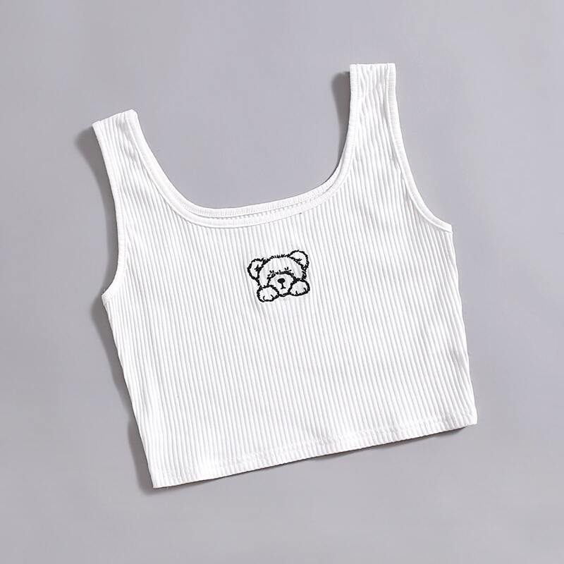 

Cartoon Bear Embroidery Ribbed Tank Top, White