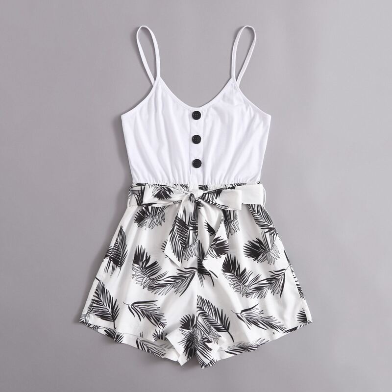 

Leaf Print Belted Cami Romper, White