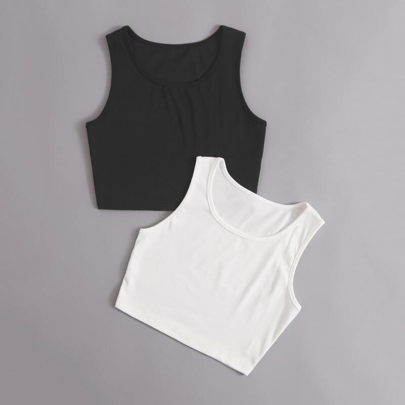 

2pcs Solid Ribbed Tank Top, Black and white