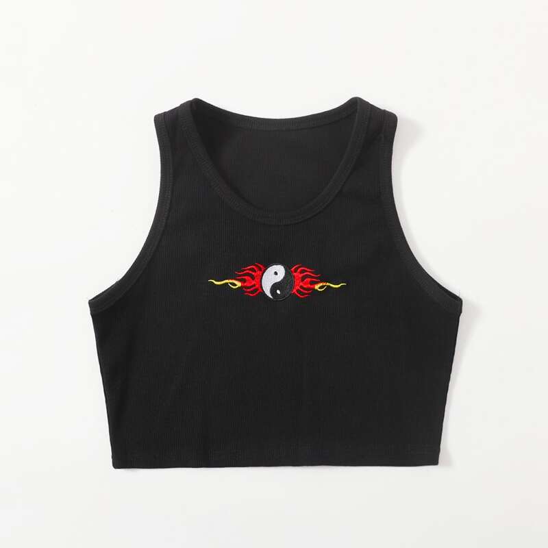 

Yin And Yang Embroidery Ribbed Tank Top, Black