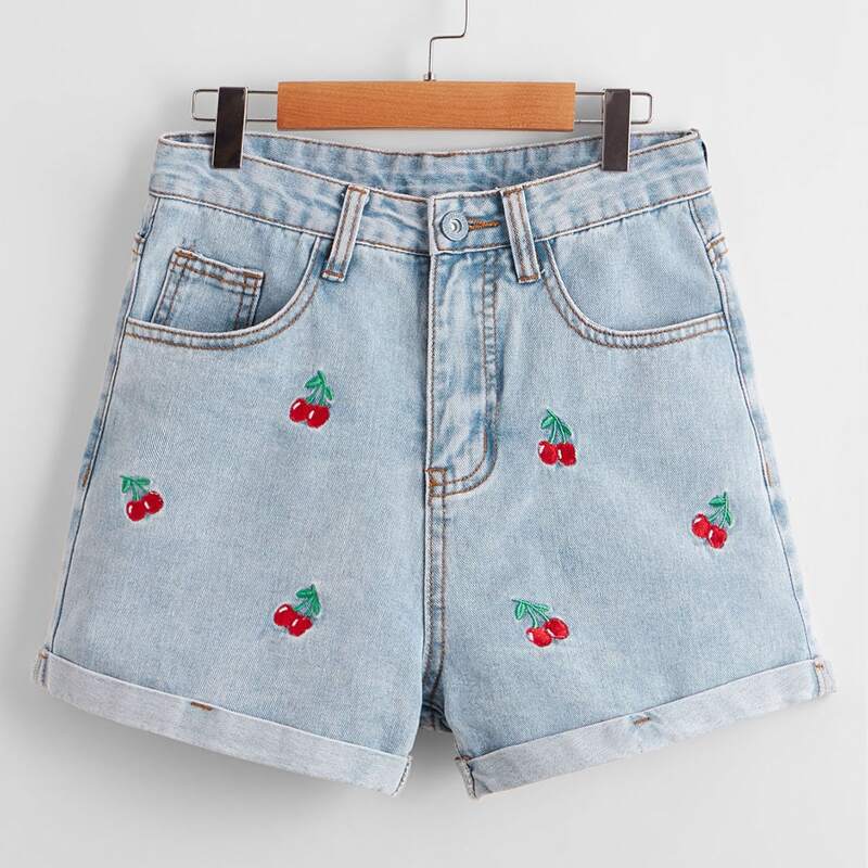 

Cherry Embroidery Denim Shorts, Light wash