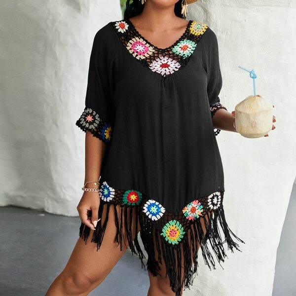 

Plus Fringe Hem Crochet Panel Cover Up, Black