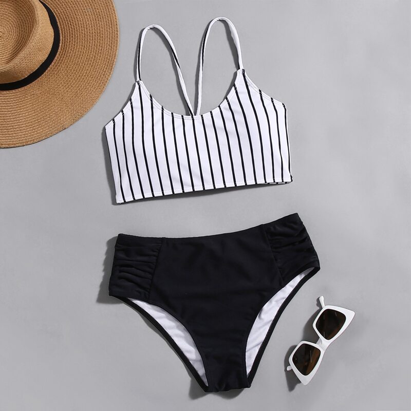 

Striped Ruched Bikini Swimsuit, Black and white