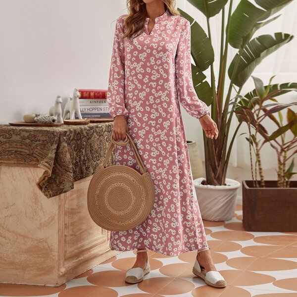 

Notched Neck Floral Print Tunic Dress, Dusty pink
